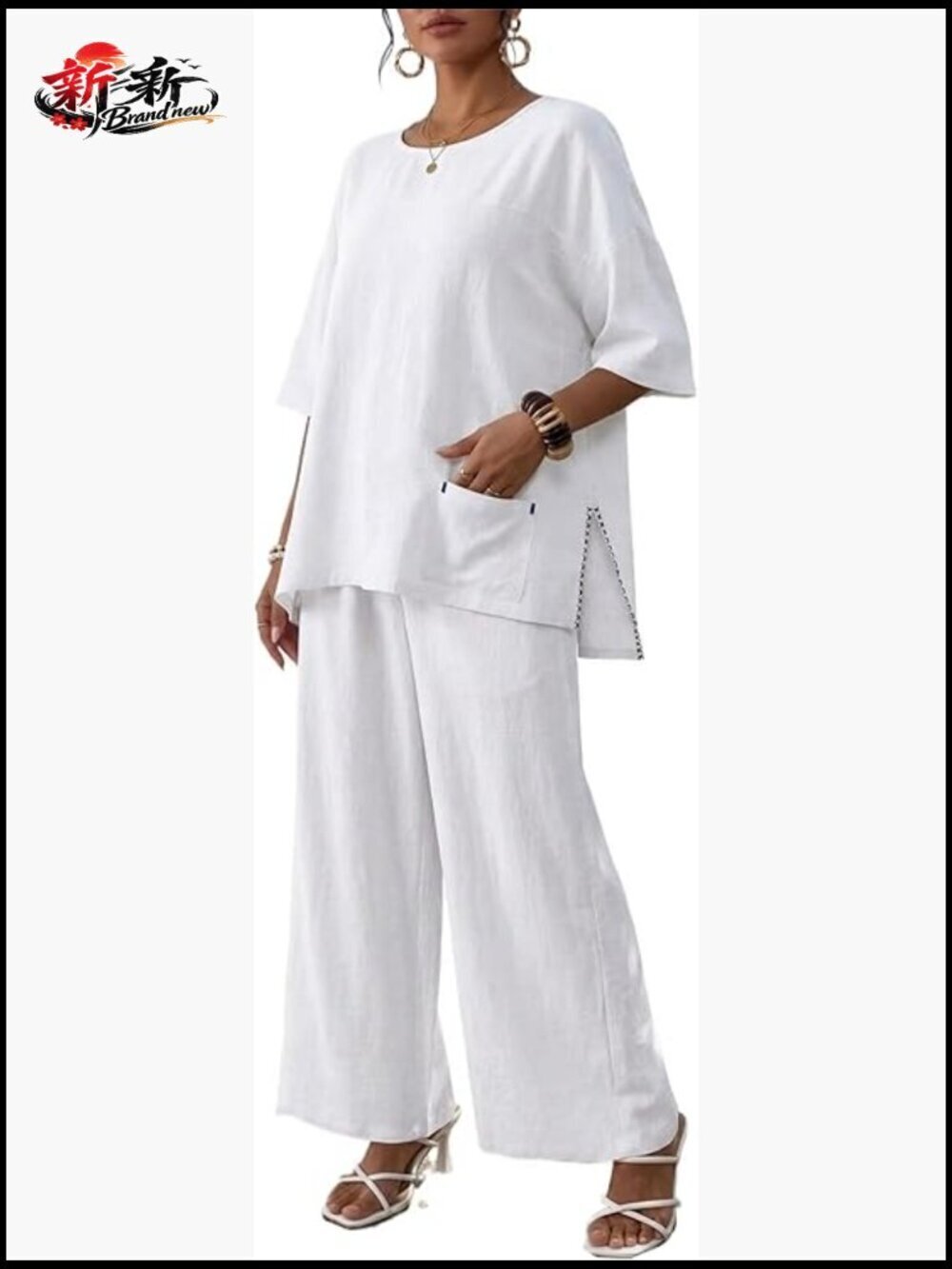Linen 2 Piece Outfits Short Sleeve Top Wide Leg Trouser Pants Summer Casual
